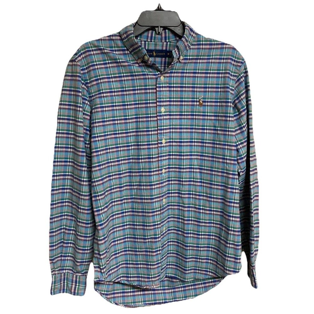 Men's Ralph Lauren Oxford Long Sleeve Plaid Colorful Flesh Pony Size Medium